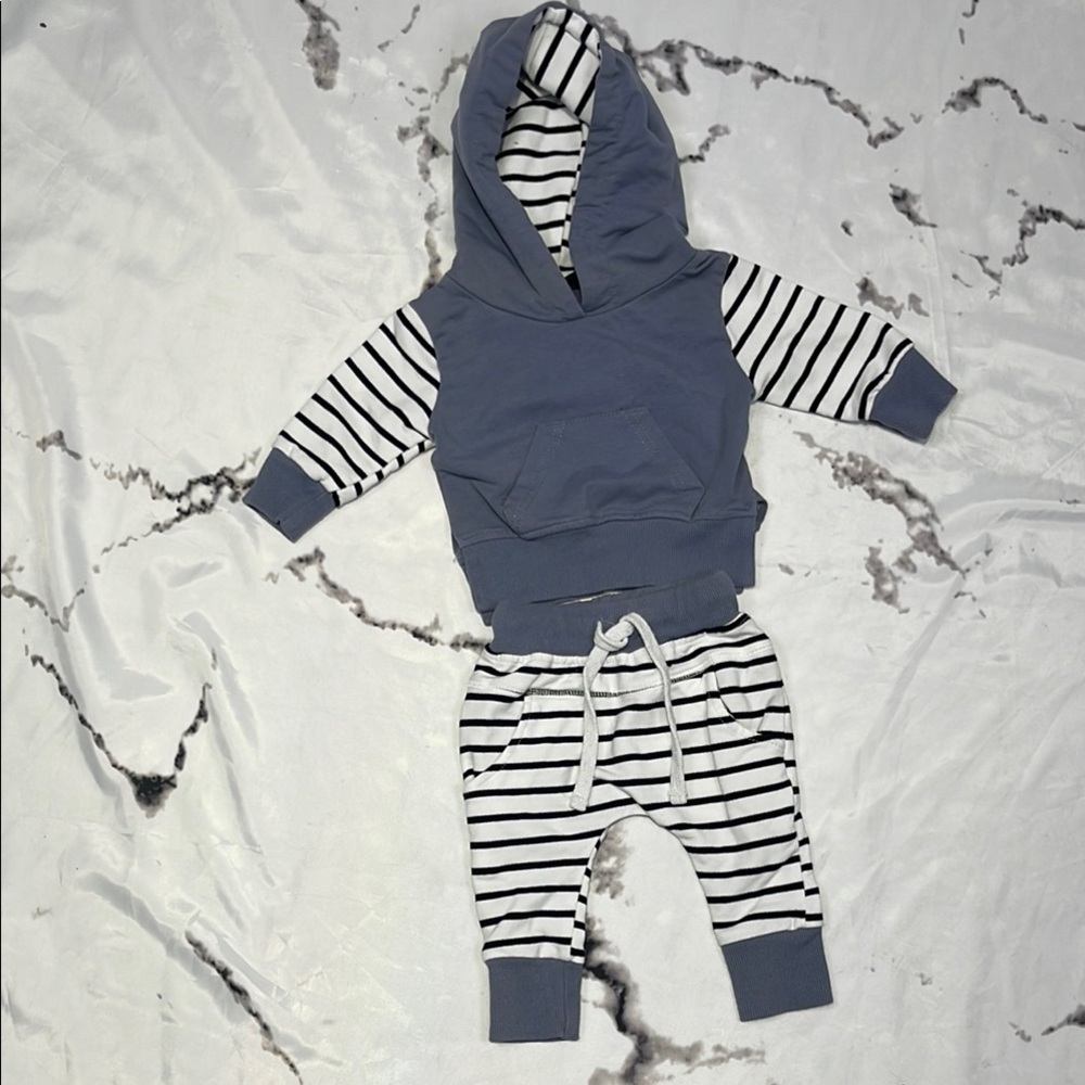 Little Bipsy Hoodie Jogger Set Blue & White Striped Ribbed Cuffs Elastic Waist